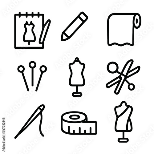 Fashion Design Icons. Solid, filled icon set of fashion sketching and draping: sketchpad, pencil, fabric roll, pins, mannequin,