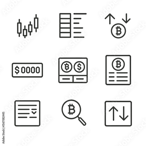 Cryptocurrency Icon Set. Outline icon set of cryptocurrency trading and analysis: candlestick chart, order book list, buy-sell