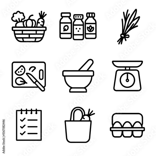 Culinary Icon Set. Outline icon set of ingredient preparation and selection: vegetable basket, spice jar set, herb bunch tied,