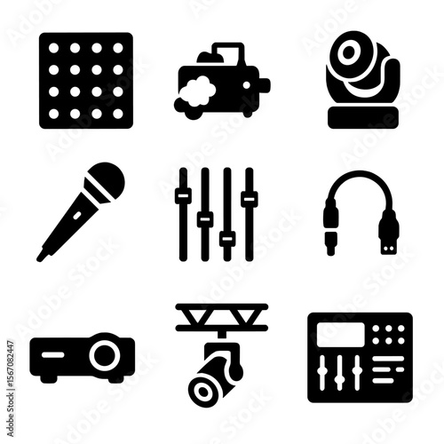 Stage Tech Icons. Solid, Filled icon set of stage technology components: LED panel, fog machine, moving head light, wireless mic,