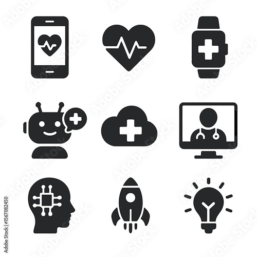 Digital Health Icons. Solid, filled icons set of digital health startups: mobile health app, heartbeat icon,