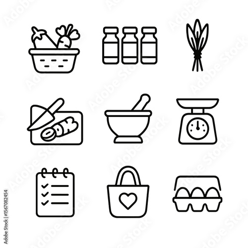 Culinary Icon Set. Outline icon set of ingredient preparation and selection: vegetable basket, spice jar set, herb bunch tied,