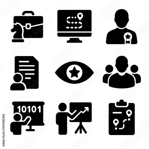 Digital Leadership Icons. Solid, filled icons set of leadership in digital change: strategy briefcase, digital