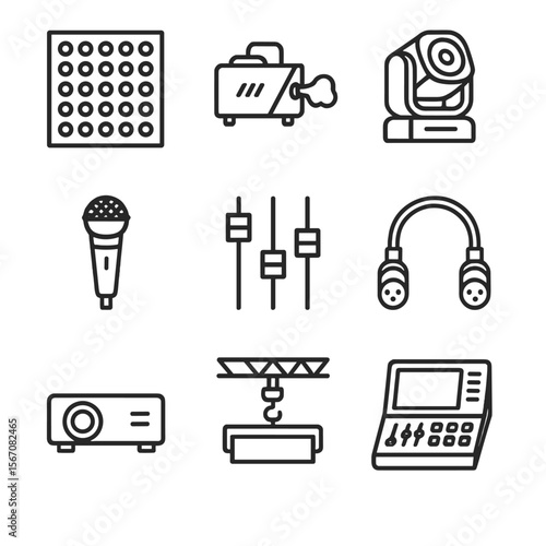 Stage Tech Icons. Outline icon set of stage technology components: LED panel, fog machine, moving head light, wireless mic,