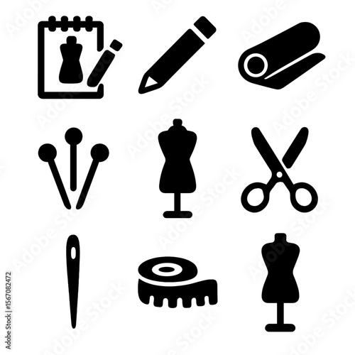 Fashion Design Icons. Solid, filled icon set of fashion sketching and draping: sketchpad, pencil, fabric roll, pins, mannequin,