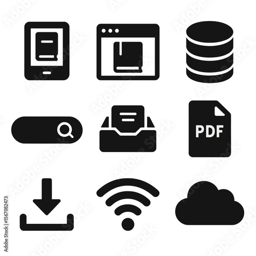 Digital Library Icons. Solid, filled icons set of digital library resources: e-reader, online catalog,
