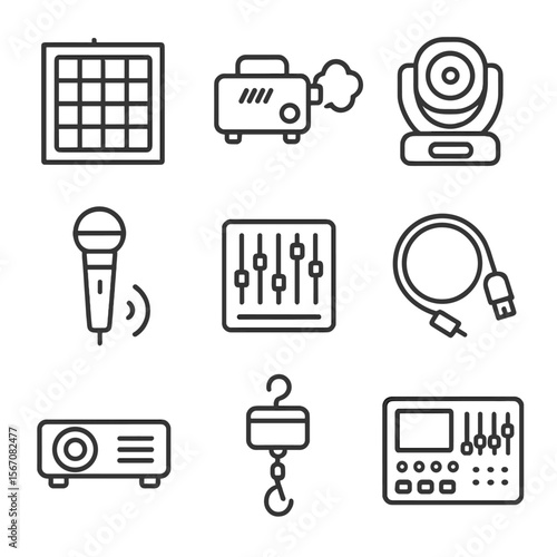 Stage Tech Icons. Outline icon set of stage technology components: LED panel, fog machine, moving head light, wireless mic,