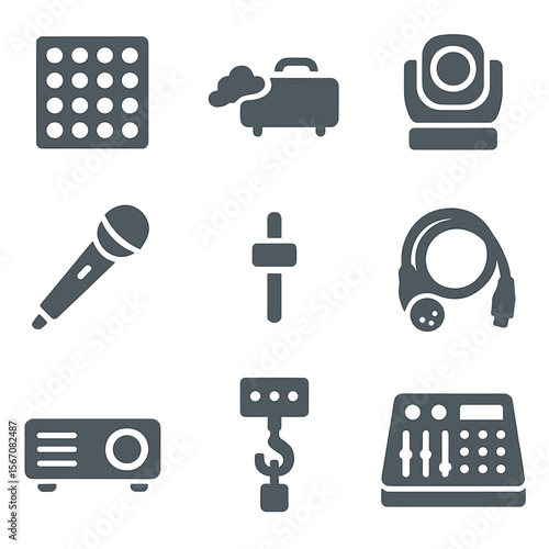 Stage Tech Icon Set. Flat icon set of stage technology components: LED panel, fog machine, moving head light, wireless mic,