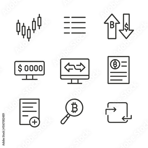 Cryptocurrency Icon Set. Outline icon set of cryptocurrency trading and analysis: candlestick chart, order book list, buy-sell