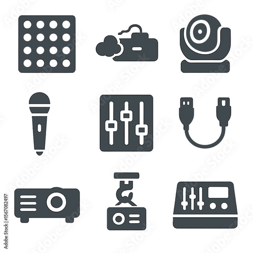 Stage Tech Icon Set. Flat icon set of stage technology components: LED panel, fog machine, moving head light, wireless mic,