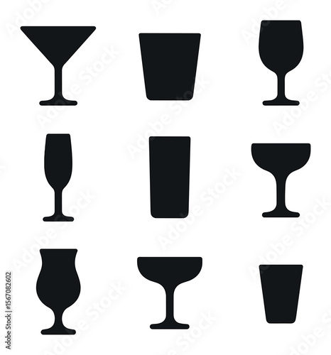 Cocktail Glass Icons. Solid, filled icons set of cocktail glassware: martini glass, tumbler, wine glass,