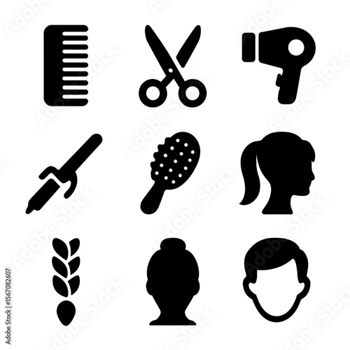 Fashion Hairstyle Icons. Solid, filled icon set of fashion hairstyles: comb, scissors, hairdryer, curling iron, hairbrush,