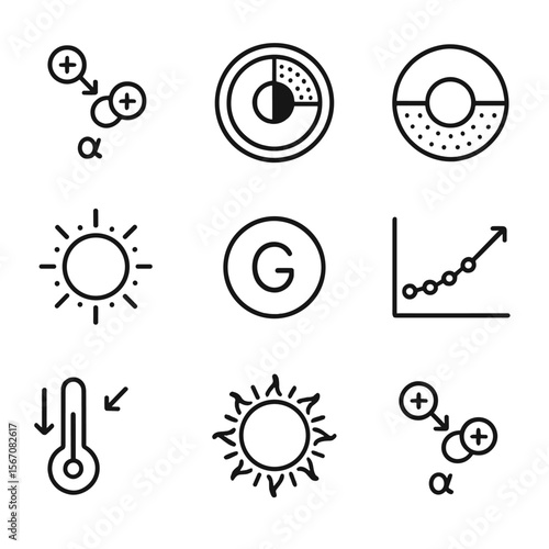 Star Structure Icons. Outline icon set of main sequence stars: hydrogen fusion core, radiative zone, convective zone, photosphere,