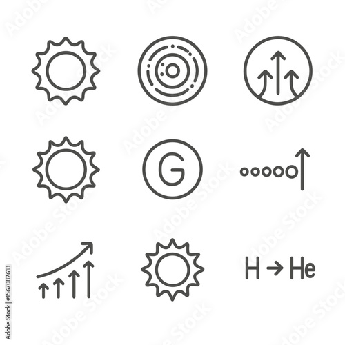 Star Structure Icons. Outline icon set of main sequence stars: hydrogen fusion core, radiative zone, convective zone, photosphere,