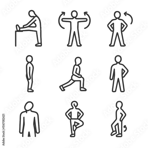 Dance Exercise Icons. Outline icon set of dance warm-up exercises: leg stretch silhouette, arm circle motion, torso twist icon,