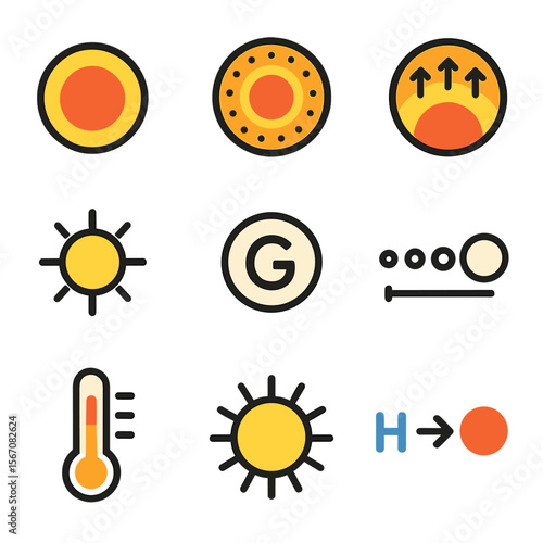 Star Sequence Icons. Flat icon set of main sequence stars: hydrogen fusion core, radiative zone, convective zone, photosphere,