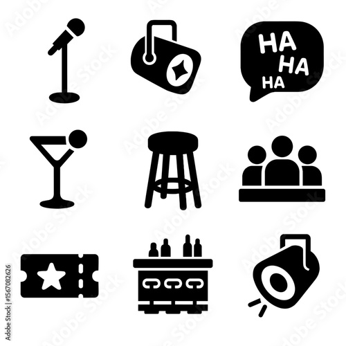 Iconic Comedy Elements Grid. Solid, filled icon set of comedy venue elements: microphone stand, stage light, laugh bubble,