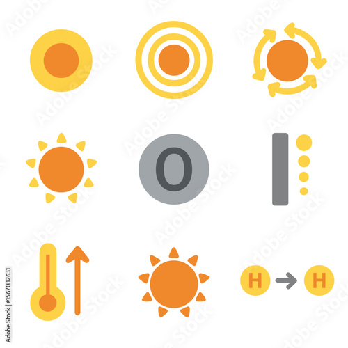 Star Sequence Icons. Flat icon set of main sequence stars: hydrogen fusion core, radiative zone, convective zone, photosphere,