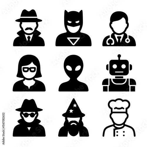 Iconic Skincare and Characters. Solid, filled icon set of skincare routines: cleansing foam, toner bottle, serum dropper,