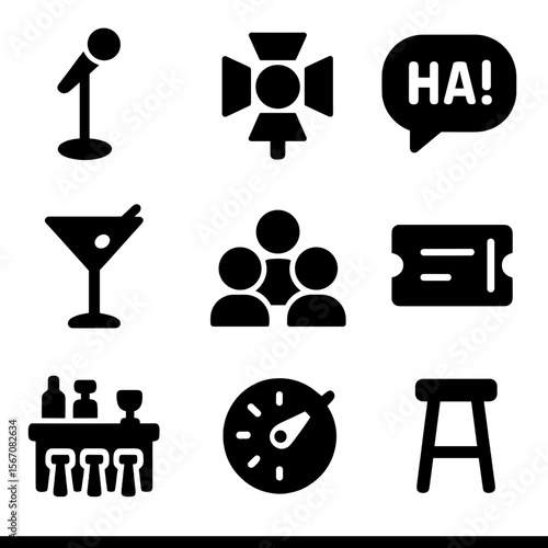 Iconic Comedy Elements Grid. Solid, filled icon set of comedy venue elements: microphone stand, stage light, laugh bubble,