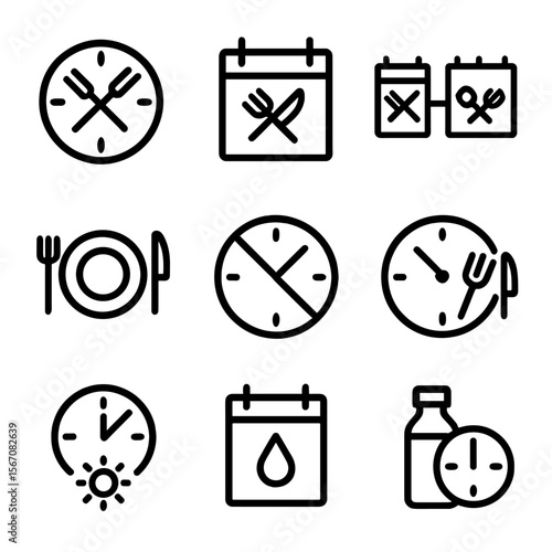 Fasting Icons Grid. Solid, filled icon set of fasting types: 16/8 timer, 5:2 plan, alternate day fasting, OMAD (one meal a day),
