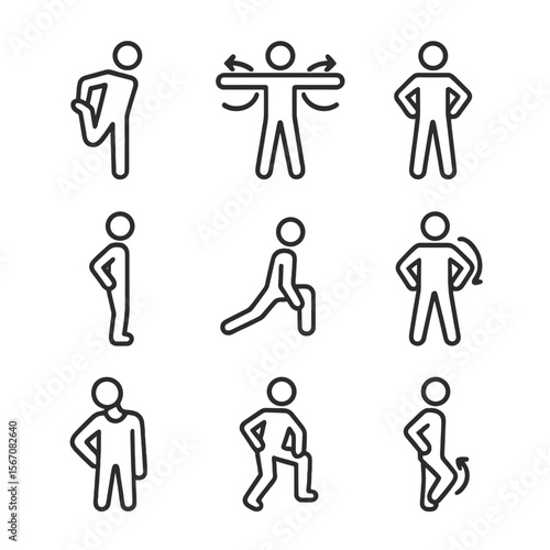 Dance Exercise Icons. Outline icon set of dance warm-up exercises: leg stretch silhouette, arm circle motion, torso twist icon,