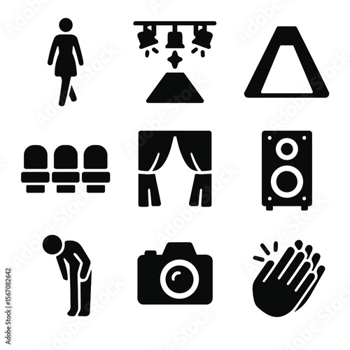 Fashion Runway Icons. Solid, filled icon set of fashion runway elements: model walk, lighting rig, runway catwalk, front row seats