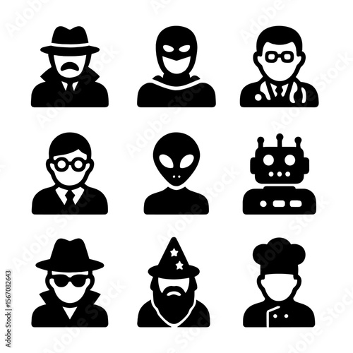 Iconic Skincare and Characters. Solid, filled icon set of skincare routines: cleansing foam, toner bottle, serum dropper,