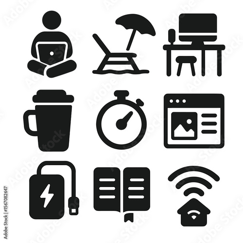 Digital Nomad Essentials. Solid, filled icons set of digital nomad lifestyle: laptop on lap, beach chair,
