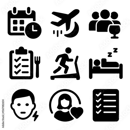 Fasting Lifestyle Icons. Solid, filled icon set of fasting lifestyle integration: work schedule, travel fasting, social events,