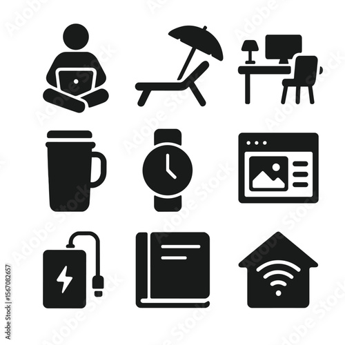 Digital Nomad Essentials. Solid, filled icons set of digital nomad lifestyle: laptop on lap, beach chair,