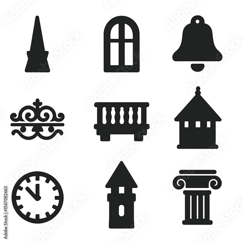 Iconic Tower Elements. Solid, filled icon set of tower architecture details: spire, arched window, bell, ironwork, balcony, tower