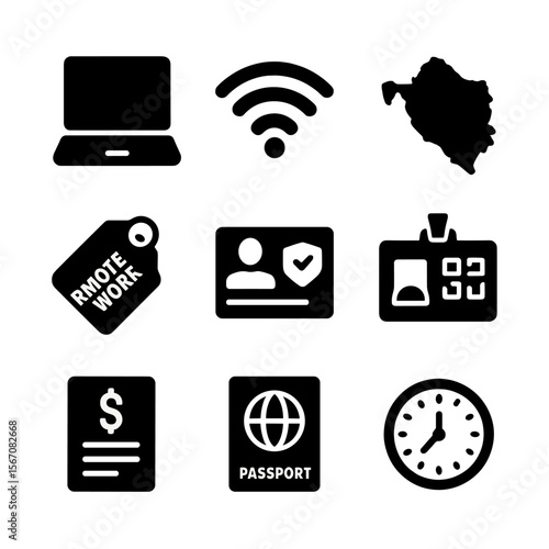 Digital Nomad Tools. Solid, filled icons set of digital nomad visa tools: laptop, wifi symbol, country icon,