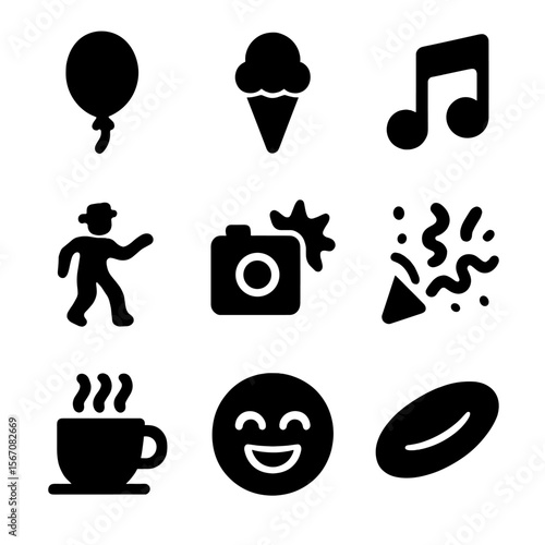 Fun Icon Collection. Solid, filled icon set of spontaneous fun moments: balloon, ice cream cone, music note, street performer,