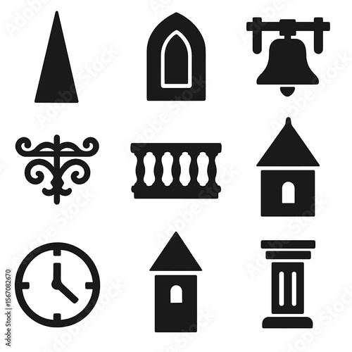 Iconic Tower Elements. Solid, filled icon set of tower architecture details: spire, arched window, bell, ironwork, balcony, tower