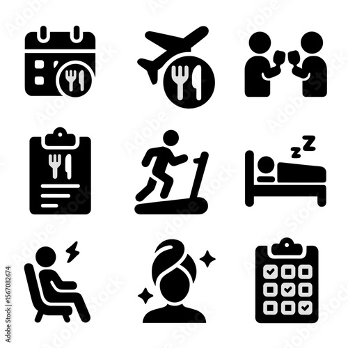 Fasting Lifestyle Icons. Solid, filled icon set of fasting lifestyle integration: work schedule, travel fasting, social events,