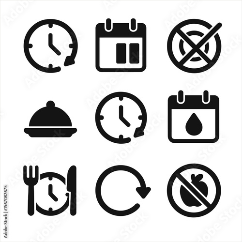 Fasting Icons Grid. Solid, filled icon set of fasting types: 16/8 timer, 5:2 plan, alternate day fasting, OMAD (one meal a day),