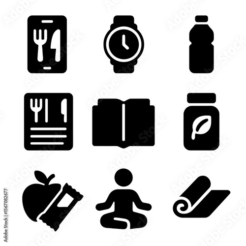 Fasting Tools Icons. Solid, filled icon set of fasting tools: fasting app, timer watch, water bottle, meal planner, journal,
