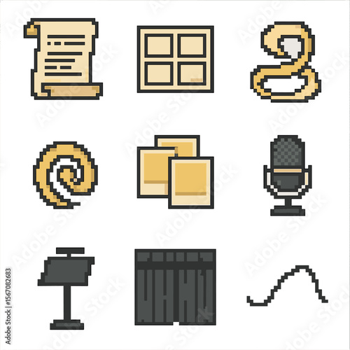 Storytelling Device Icons. Pixel art icon set of theatrical storytelling devices: scroll script, storyboard panel, narrative