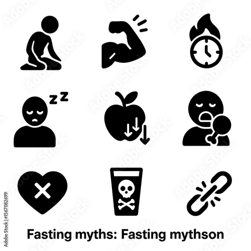 Fasting Myths Icons. Solid, filled icon set of fasting myths: starvation, muscle loss, slow metabolism, lack of energy, nutrient