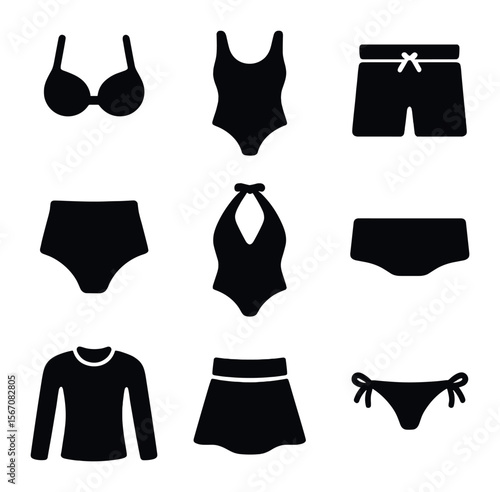 Swimsuit Icons Grid. Solid, filled icons set of swimsuits: bikini top, one-piece, swim trunks, halter swimsuit
