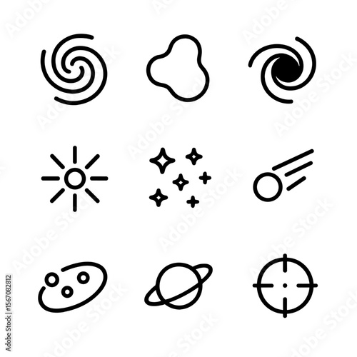 Deep Space Icon Set. Outline icon set of deep space object viewer: spiral galaxy icon, nebula cloud shape, black hole event