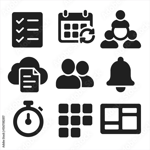 Digital Productivity Icons. Solid, filled icons set of using digital productivity platforms: to-do list,