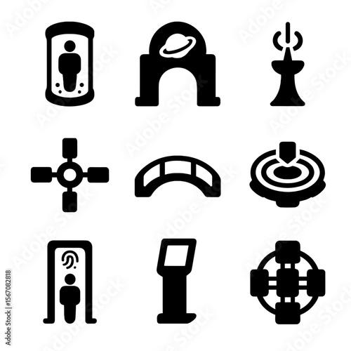 Futuristic Travel Icons. Solid, filled icon set of futuristic travel hubs: teleportation chamber, interplanetary terminal,