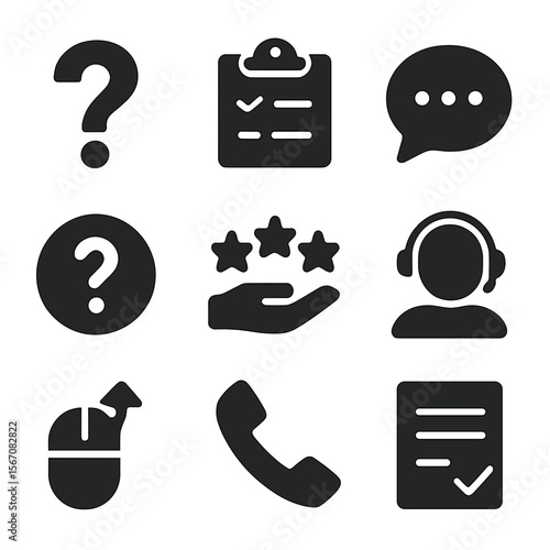 Feedback Icons Grid. Solid, filled icon set of feedback and support CTAs: question mark, feedback form, support chat, help icon,