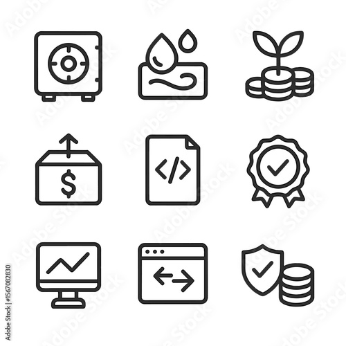 DeFi Icons Grid. Outline icon set of decentralized finance platforms: lending pool vault, liquidity pool symbol, yield farming