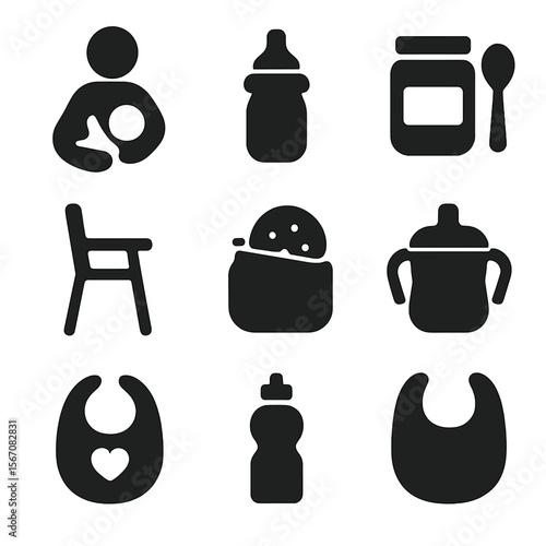 Feeding Icons Grid. Solid, filled icon set of feeding milestones: breastfeeding, bottle feeding, baby food jar, spoon, high chair,