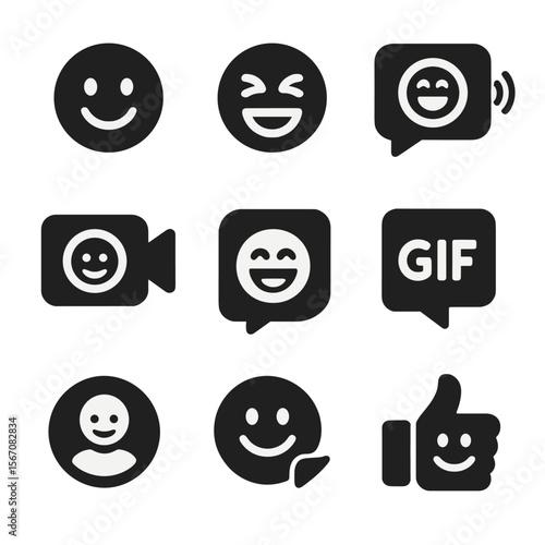 Digital Smile Icons. Solid, filled icons set of smiles in digital communication: smile emoji, reaction face,