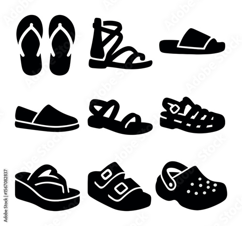 Sandal Icons Collection. Solid, filled icons set of flip-flops and sandals: basic flip-flops, strappy sandals,