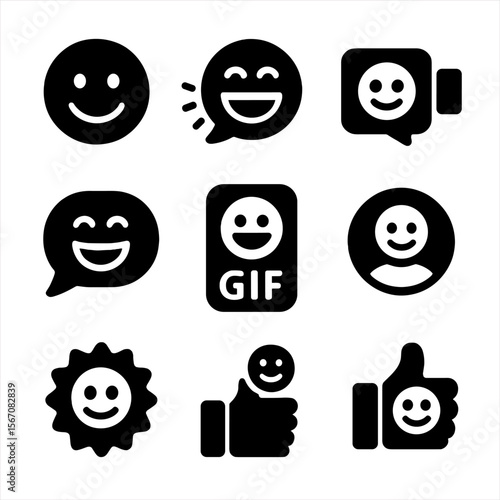 Digital Smile Icons. Solid, filled icons set of smiles in digital communication: smile emoji, reaction face,